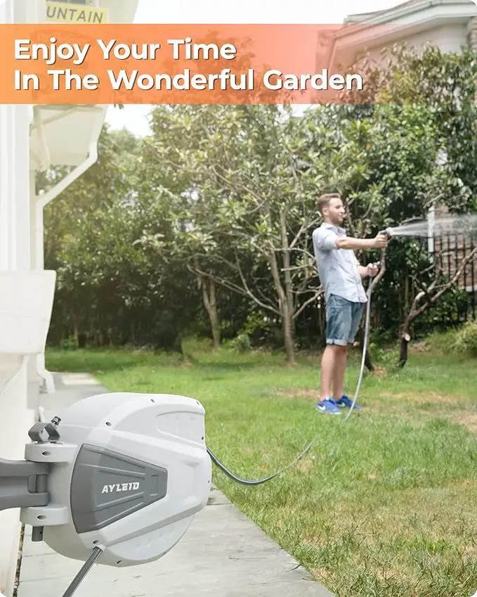 Ayleid Retractable Garden Hose Reel,1/2 in x 65 ft Wall Mounted Hose Reel, with 9- Function Sprayer Nozzle, Any Length Lock/Slow Return System/Wall Mounted/180°Swivel Bracket (Grey), photo 5 of 8