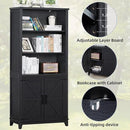 70in Tall Bookshelf 5 Tier Bookcase with Barn Doors and Adjustable Shelves, Black Farmhouse Book Shelf with Storage Cabinet, Wood Freestanding Display Bookshelves for Bedroom, Kitchen (2PCS) by CozyNest Decor
