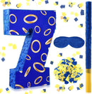 Number 7 Blue and Golden Rings Piñata for Kids Birthday Cartoon Theme Small Piñata with Blindfold Stick Confetti for Fiesta Cinco De Mayo Party Decor, 15.8 x 11 x 2.8 Inch by TinyTreasures Baby Boutique