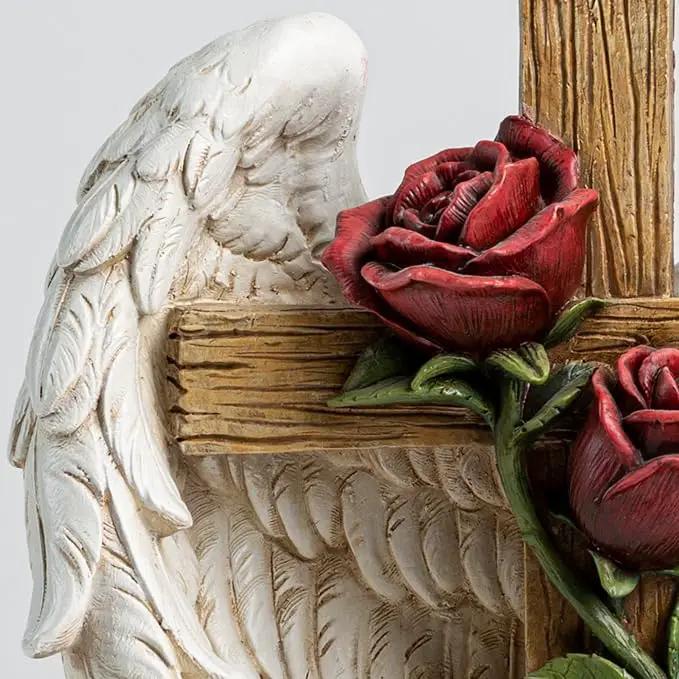 12" Angel Wings Embracing Cross and Rose Garden Statue Memorial Statue for Beloved one, photo 4 of 7