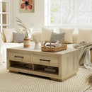 Hazel Coffee Table with 4 Storage Drawers and Open Shelf, Metal Handles, Rectangular Modern Luxury Table for Living Room by CozyNest Decor