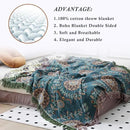 Snycler Boho Throw Blanket for Bed - 100% Cotton Ultra Soft Rustic Quilt - Blue Green Floral Printed Farmhouse Decor Bed Blankets, 80"×90" All Season Rustic Throw for Sofa Couch Chair by CozyNest Decor