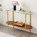 Oval Glass Console Table for Living Room, Foyer & Entrance, 2-Tiers Mid-Century Modern Sofa Table with Clear Glass Top, Walnut Finish Wood Shelf and Gold Finish Frame by CozyNest Decor