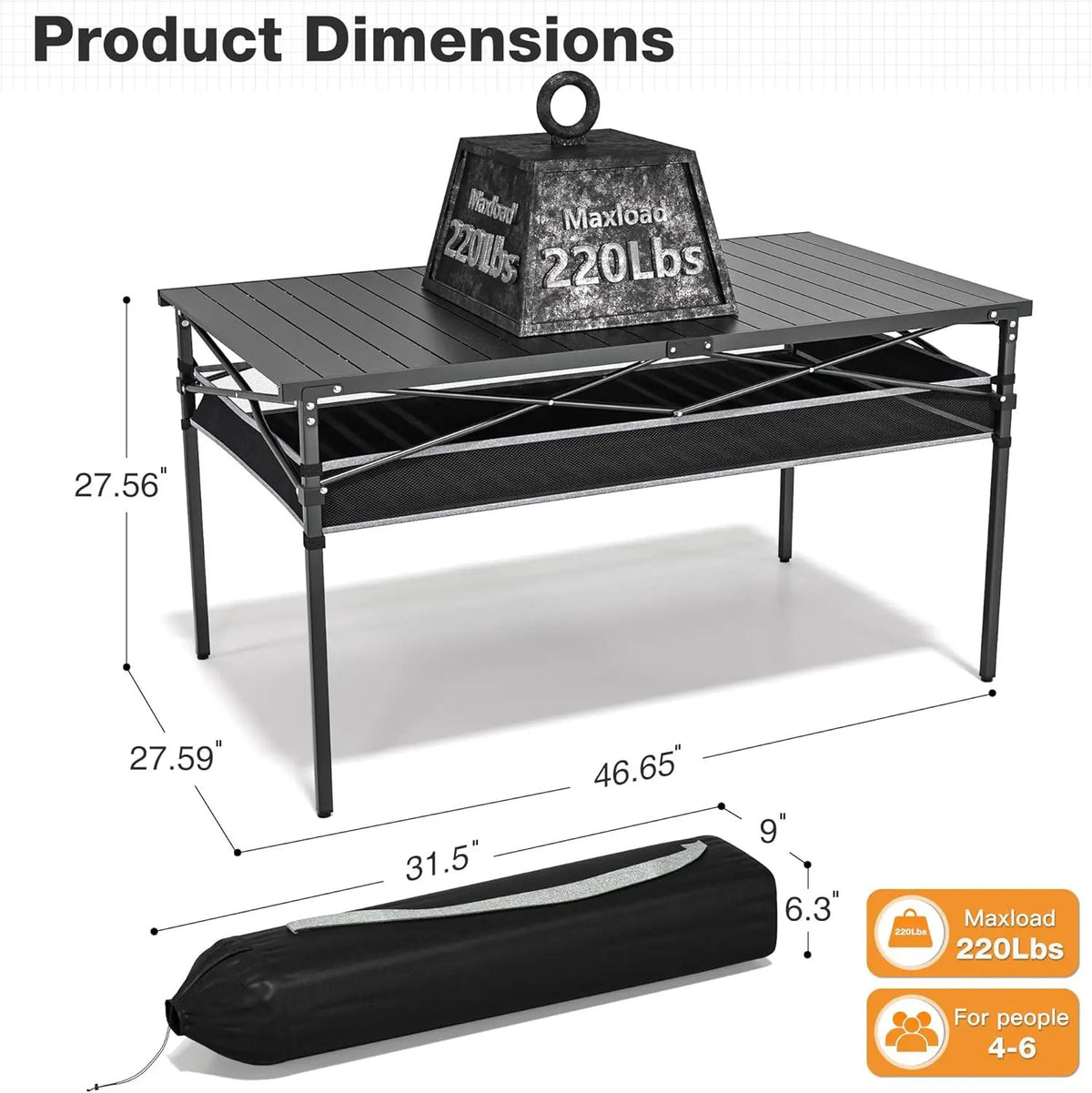Folding Camping Table, Aluminum Roll-up Table with Storage Net and Carrying Bag, Outdoor Lightweight Camp Table for Picnic, Camping, Beach,Backyard, BBQ, Party, Patio, photo 3 of 6