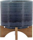 Sagebrook Home Textured Ceramic Planter with Wood Stand, Elevated Indoor/Outdoor Planter, Blue with Gray Dots, 8 L x 8 W x 10 H by GreenHaven Gardens