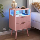 Pink Nightstand with Charging Station and LED Lights,Modern Bedside Table with 2 Storage Drawer and Open Wood Shelf, for Bedroom and Small Spaces,Night Stand with Solid Wood Legs,Pink by CozyNest Decor
