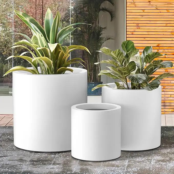 Kante RC0119ABC-C80011 Set of 3 Lightweight Concrete Modern Cylinder Outdoor Planters, 15.8, 12.9 and 9.8 Inch Diameter, Pure White, photo 7 of 8