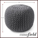 Casafield Round Pouf Ottoman, Dark Gray - 20" Diameter x 14.5" High Cotton Knit Foot Stool - Boho Floor Pouffe for Living Room, Bedroom, Home Office by CozyNest Decor