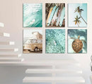 Set of 6 Tropical Beach Canvas Wall Art Surf Poster Summer Ocean Coastal Pictures Turtle Print Palm Tree Surfboard Gallery Paintings Nautical Bus Wall Decor for Bedroom Bathroom Framed by CozyNest Decor
