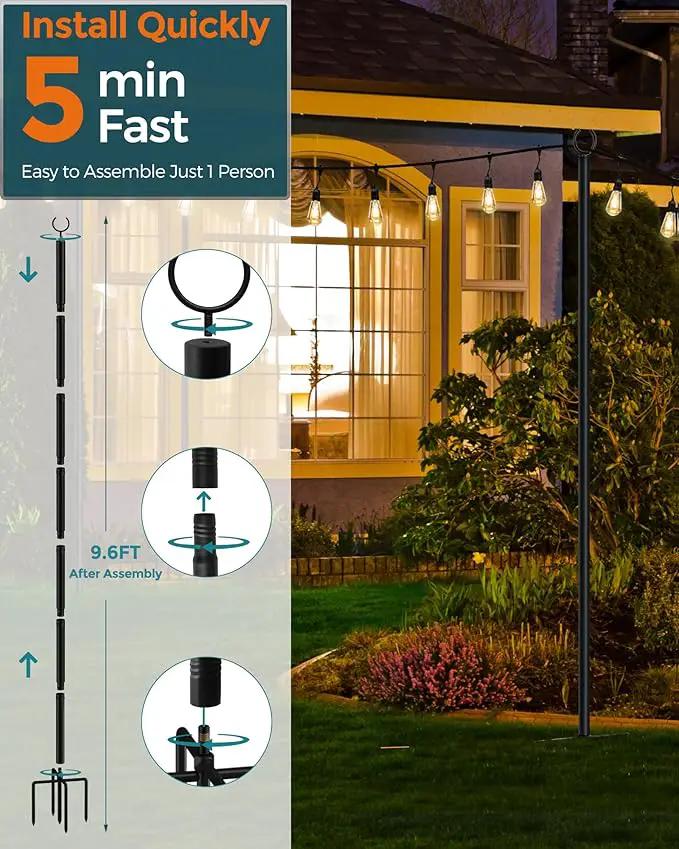 LAND·VOI Metal String Light Poles for Outside Hanging - Backyard, Garden, Patio, 4 Pack Lighting Stand with Adjustable Height for Outdoor Parties, Wedding, Extra-Long 5-Prong Claws, (9.6FT) FLP04B, photo 5 of 9