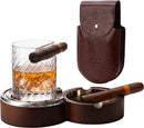 Horseshoe Cigar Coaster Ashtray With A Crystal Whiskey Cigar Glass In A Leather Case by The Wine Savant