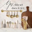Styled Settings 23-Piece Beige and Gold Utensils Set – Silicone Nonstick Cooking Tools with Garlic Press, Can Opener, Measuring Cups, Utensil Holder – Luxury Kitchen Accessories for Modern Homes by CozyNest Decor