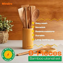 Riveira Dark Bamboo Wooden Spoons for Cooking 9-Piece with Holder, Apartment Essentials Wood Spatula Spoon Nonstick Kitchen Utensil Set Premium Quality Housewarming Gifts for Everyday Use by CozyNest Decor