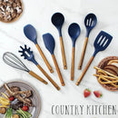 Country Kitchen Non Stick Silicone Utensil Set with Rounded Wood Handles for Cooking and Baking, 8 Piece Set, Navy by CozyNest Decor