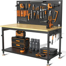 48" Heavy Duty Work Bench Adjustable Height Max Load 2000 LBS with Storage Shelf for Garage Workbench, Rubberwood Tabletop with Pegboard, LED Light, Built-in Power Strip for Woodworking Shop by GreenHaven Gardens