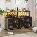 Wine Bar Cabinet with Wheels, 4-Tier Bar Cart with Power Outlets and LED Light, Liquor Cabinet Home Mini Bar with Wine Rack, Coffee Bar Cabinet for Liquor, Rustic Brown by CozyNest Decor