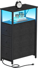 TUTOTAK Narrow LED Night Stand with Charging Station, Slim End Table with Plugins, Tall Side Table with 3 Fabric Drawer, Small Bedside Table with Storage, for Living Room, Black TB01BK086L by CozyNest Decor