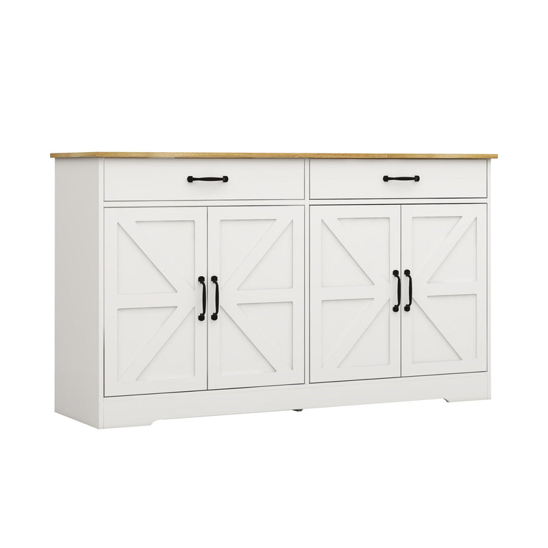 55.91" Large Farmhouse Buffet Cabinet Storage Sideboard with 2 Drawers and 4 Doors for Dining Living Room Kitchen Cupboard-White