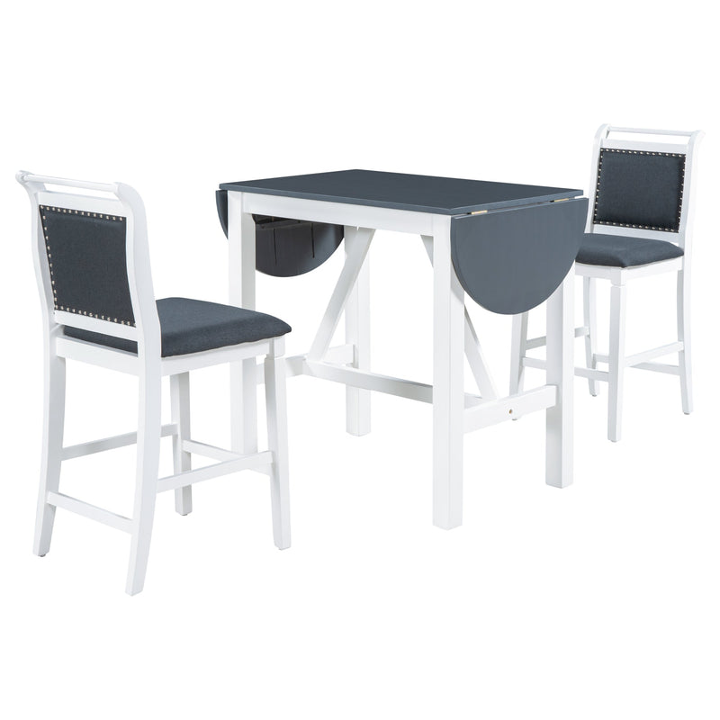 3-Piece Wood Counter Height Drop Leaf Dining Table Set with 2 Upholstered Dining Chairs for Small Place, White+Gray