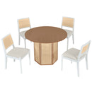 5-Piece Rattan Round Dining Table Set, Wood Table with Hexagonal Base and Upholstered Chairs for Dining Room, Kitchen,Indoor Use, White+Beige