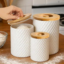 Ceramic Canister Set for Kitchen Countertop & Pantry – 3 Airtight Food Storage Containers for Flour, Sugar & More – Durable White Ceramic with Bamboo Lids by CozyNest Decor