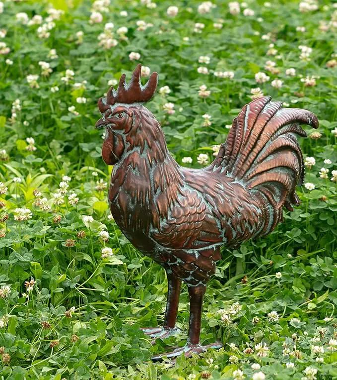 Garden Rooster Statues,15.7" L x 18.8" H Outdoor Metal Chicken Figurines,Antique Copper Chicken Sculptures & Statues Ornaments,3D Large Yard Rooster Decor for Home Kitchen Patio Farm, photo 7 of 8