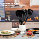 QMVESS Silicone Cooking Utensils Set, Kitchen Utensils Set 7 Pcs with Long Wooden Handle, Food Grade and Heat Resistant Large Silicone Spatula Set for Nonstick Cookware, BPA Free（Black） by CozyNest Decor