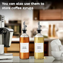 Olive Oil Dispenser Bottle - Includes 55 Kitchen Essential Labels - Cooking Oil Bottles for Kitchen, Coffee Syrup Dispenser - Pourer Spout with 16.9 fl oz Glass Container Cruet - 2pcs Silver by CozyNest Decor