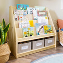 Guidecraft EdQ Book and Bin Display Natural with 3 Fabric Storage Bins: Wooden Multi-Purpose Bookcases and Toy Storage Organizer; Homeschool and Classroom Furniture by TinyTreasures Baby Boutique
