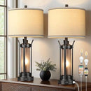 QiMH Farmhouse Table Lamps for Living Room, Beside Lamps for Bedroom with USB A+C Charging Ports, Rustic Nightstand Lamp Set of 2 with Frosted Glass Night Light, 4 Bulbs Included (Black) by CozyNest Decor