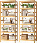 FOTOSOK 6-Tier Bamboo Shelf Set of 2, Bamboo Bookcase with Adjustable Shelves, Free Standing Storage Shelf Unit and Plant Flower Stand, Tall Large Bookshelf for Kitchen, Bathroom, Home Office, Natural by CozyNest Decor