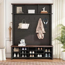 Ball & Cast 4-in-1 Hall Tree with 6 Hooks,Walnut Entryway Bench with Adjustable Shelves,Rustic Shoe Organizer with 16 Open Compartments,for Mudroom,Living Room,Hallway,Black by CozyNest Decor