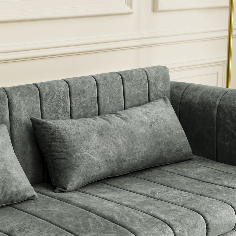 3 in 1 Pull-Out Bed Sleeper, Modern Upholstered 3 Seats Lounge Sofa & Couches with Rolled Arms Decorated with Copper Nails, Convertible Futon 3 Seats Sofabed with Two Drawers and Two Pillows