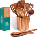 Wooden Spoons for Cooking, Acacia Wood Cooking Utensils Set – 11 Piece Wooden Kitchen Tools with Holder, Spoon Rest, Nonstick Cookware Safe by HOWHONG by CozyNest Decor