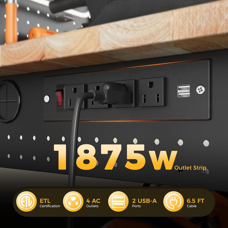 60" Work Bench Adjustable Height with Storage Shelf, Max Load 2000 LBS Heavy Duty Rubberwood Tabletop with Pegboard, LED Light, Built-in Power Strip for Woodworking Shop, Garage, Home, photo 6 of 6