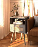 Rattan Nightstand with Outlet,Modern Bedside Table with Storage Drawer and Open Wood Shelf, for Living Room, Bedroom and Small Spaces, Accent Night Stand with Solid Wood Legs,Grey Oak by CozyNest Decor