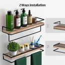 Meangood Floating Shelves Wall Mounted Set of 2, Wall Shelf with Towel Bar Rustic Wood Wall Storage Shelves for Bedroom,Living Room,Bathroom, Kitchen Torched Wood by CozyNest Decor