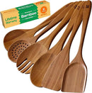 Riveira Brown Bamboo Wooden Spoons for Cooking Set of 6 – Natural Brown Bamboo Wooden Cooking Utensils, Wooden Spatula, Wooden Spoon - Premium Quality Wooden Utensil Set for Non-Toxic Cooking by CozyNest Decor