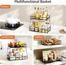 2 Tier Fruit Basket with 2 Banana Hangers, Fruit Bowl for Kitchen Countertop with 2 Wooden Handle, Detachable Metal Fruit Holder for Vegetable Bread with 2 Protective Pads, Black by CozyNest Decor