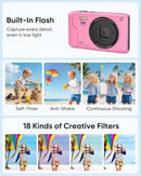 T TAKMLY Digital Camera 5K, Autofocus 16x Zoom 72MP Point and Shoot Cameras Compact Portable with Flash for Kids Boys Girls Teens Students, Anti Shake 2.8'' Screen, 64GB Card Include, Pink by TinyTreasures Baby Boutique