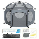 PRObebi Portable Pop Up Playpen for Babies and Toddlers - Grey Lightweight Outdoor Play Yard with Three Sun-Shade - Beach and Indoor Use with Travel Bag by TinyTreasures Baby Boutique