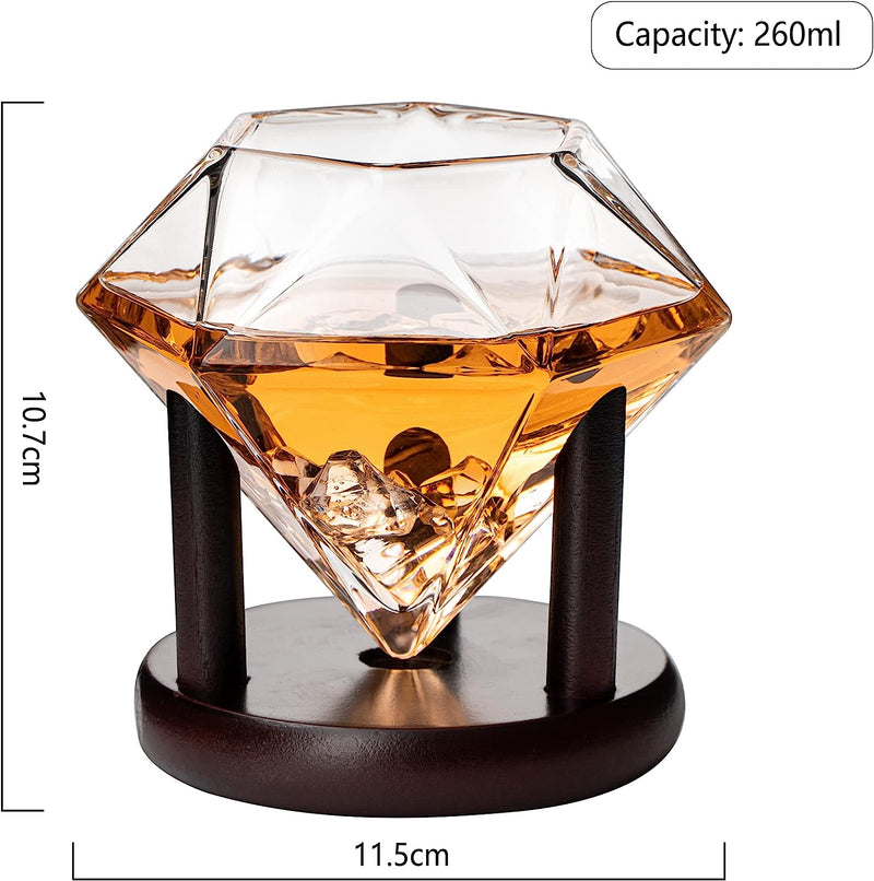 Set of 4 Diamond Whiskey & Wine Glasses With Wood Stands 10oz - Wine, Whiskey, Water, Diamond Shaped, Diamonds Collection Sparkle Patented Wine Savant - Stands Alone, Or on Stand