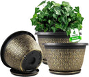 8 Inch Plant Pots, 4 Pack Flower Pot Outdoor with Drainage Holes & Trays, Retro Antique Imitation Decorative Garden Plastic Planters Pots for Plants Indoor Sets for Houseplants by CozyNest Decor