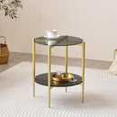 Round Glass End Table, Mid-Century Modern Design Sofa Table for Living Room, D18 x H23 in, 2-Tier Structure, Grey Glass Top and Black Marble Shelf, Sleek Conical Legs with Gold Finish Frame by CozyNest Decor