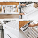Premium Silverware, Flatware and Utensil Organizer for Kitchen Drawers, Food-Safe Contract Grade, Expandable from 16 to 28 In, White Bamboo by CozyNest Decor
