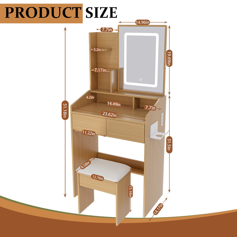 Vanity Table With LED Mirror, Power Outlet, Hairdryer Holder & Padded Stool, Compact Dressing Desk For Small Bedrooms - Wood, photo 4 of 7
