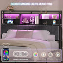 Headboard with 3-Tier Storage Shelves, Velvet Upholstered Head Board with 2 Outlets, USB Ports & LED Light, Soft Backrest for King Size Bed, Black BH19404B by CozyNest Decor