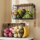 Delamu 2-Pack Stackable Metal Fruit Basket with Wood Lid-Wall Mounted & Countertop Organizer for Kitchen,Pantry- Ventilated Storage for Onions,Potatoes,Fruits,Spices (12"x 8"x 8-5/16") by CozyNest Decor