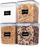 Vtopmart Food Storage Containers 4.3L / 145.4oz, 4 Pieces BPA Free Plastic Airtight Canister for Flour, Sugar, Baking Supplies, with 4 Measuring Cups and 24 Labels, Black by CozyNest Decor