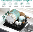 Black Stainless Steel Dish Drainers Drying Rack for Kitchen Counter with Drainboard Set, Rust Proof Metal, Space Saving, Modern Aesthetic, Compact Plates Strainers with Extra Mat by CozyNest Decor